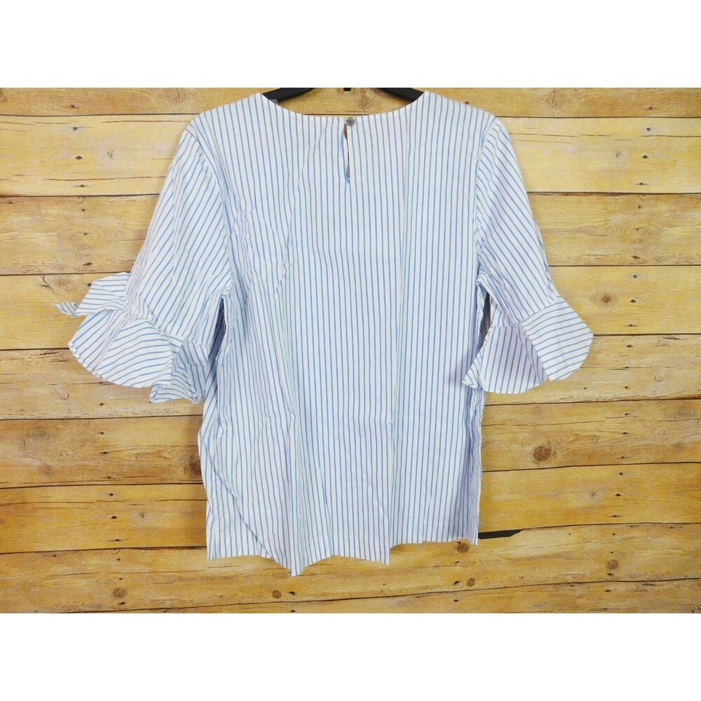 Calvin Klein Women Shirt Large Blue White Stripes 3/4 Sleeve Butterfly Ruffle - Picture 5 of 7